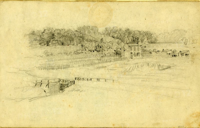 Landscape with buildings, drawing, 1862-1865, by Alfred R Waud, 1828-1891, an american artist famous for his American Civil War sketches, America, US