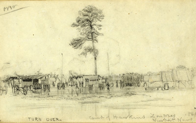 Camp of Hawkins Zouaves, Newport News 1861, drawing, 1862-1865, by Alfred R Waud, 1828-1891, an american artist famous for his American Civil War sketches, America, US
