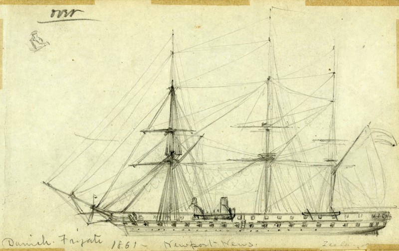 Danish Frigate 1861, Newport News, Zeeland, drawing, 1862-1865, by Alfred R Waud, 1828-1891, an american artist famous for his American Civil War sketches, America, US