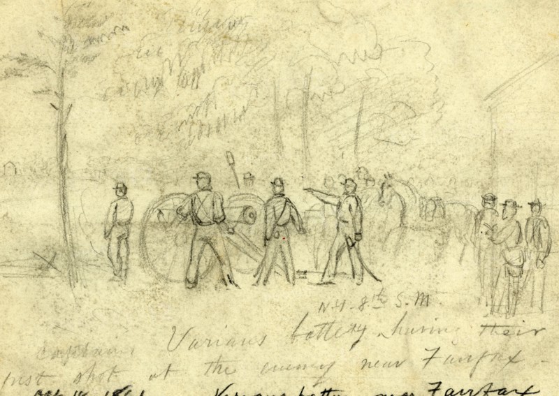 Captain Varians battery N.Y. 8th S.M. having their first shot at the enemy near Fairfax, drawing, 1862-1865, by Alfred R Waud, 1828-1891, an american artist famous for his American Civil War sketches, America, US