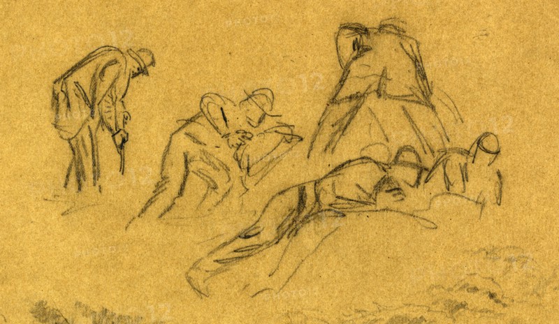 Five men digging, drawing, 1862-1865, by Alfred R Waud, 1828-1891, an american artist famous for his American Civil War sketches, America, US