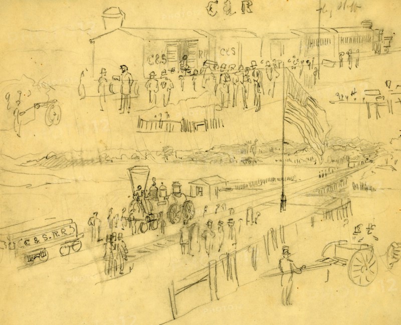 Two sketches of a depot on the Charleston & Savannah Railroad, drawing, 1862-1865, by Alfred R Waud, 1828-1891, an american artist famous for his American Civil War sketches, America, US
