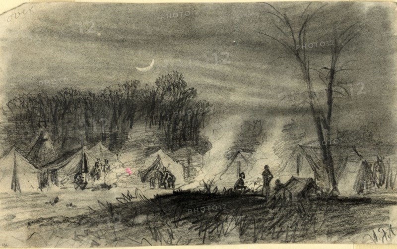Soldiers in camp at night, drawing, 1862-1865, by Alfred R Waud, 1828-1891, an american artist famous for his American Civil War sketches, America, US