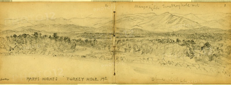 Mary hights sic, Turkey hole mt. Blue Ridge, drawing, 1862-1865, by Alfred R Waud, 1828-1891, an american artist famous for his American Civil War sketches, America, US