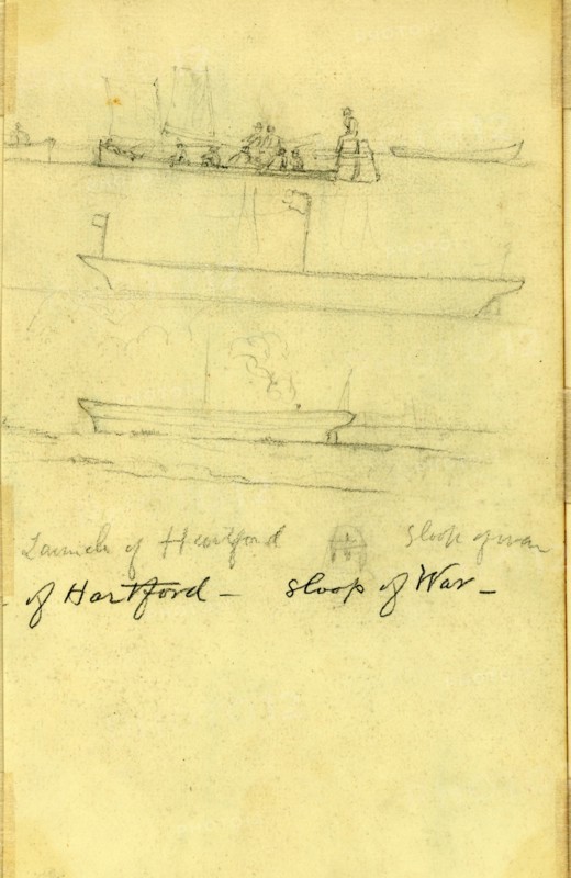 Launch of Hartford, Sloop of War, drawing, 1862-1865, by Alfred R Waud, 1828-1891, an american artist famous for his American Civil War sketches, America, US
