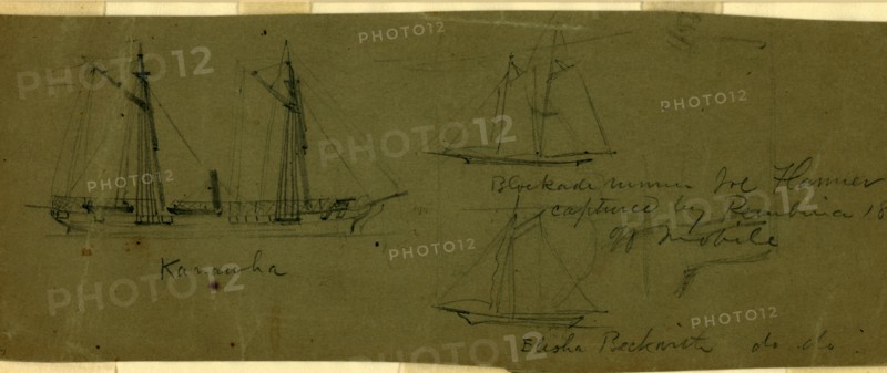 Broadside views of three ships, Kanawha Blockade runner Joe Flanner, captured by Pembina 1863 off Mobile; and Elias Beckwith, drawing, 1862-1865, by Alfred R Waud, 1828-1891, an american artist famous for his American Civil War sketches, America, US