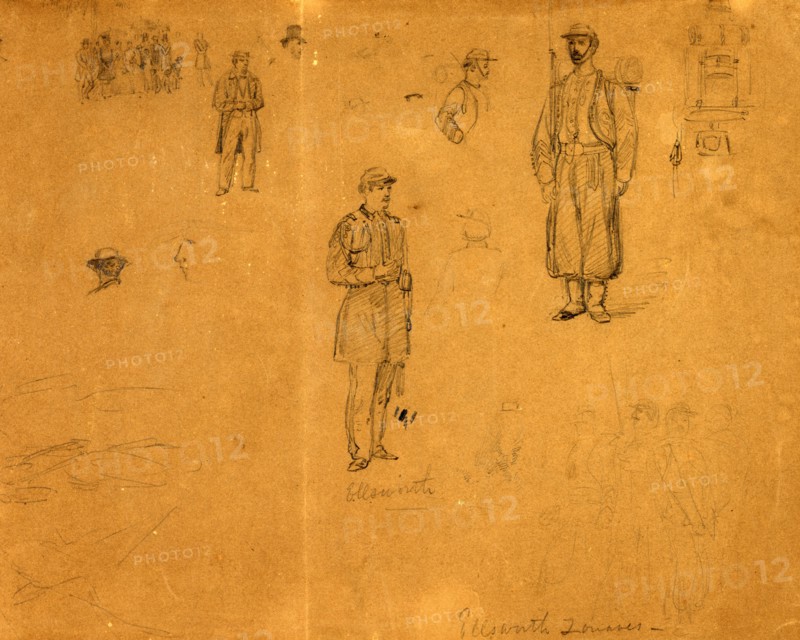 Ellsworth Zouaves, drawing, 1862-1865, by Alfred R Waud, 1828-1891, an american artist famous for his American Civil War sketches, America, US