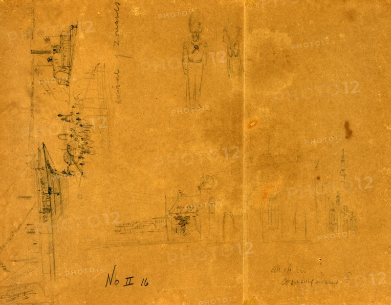 Three sketches including "Arrival of Zouaves," city or town street, and a soldier, drawing, 1862-1865, by Alfred R Waud, 1828-1891, an american artist famous for his American Civil War sketches, America, US