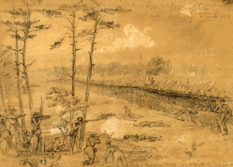 Bayonet charge of the 2nd reg. Col. Hall. Excelsior Brigade. Fair Oaks June 1862, drawing, 1862-1865, by Alfred R Waud, 1828-1891, an american artist famous for his American Civil War sketches, America, US