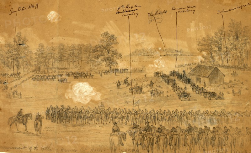 Commencement of the battle of Hanover Ct. House. 1:45 PM., drawing, 1862-1865, by Alfred R Waud, 1828-1891, an american artist famous for his American Civil War sketches, America, US