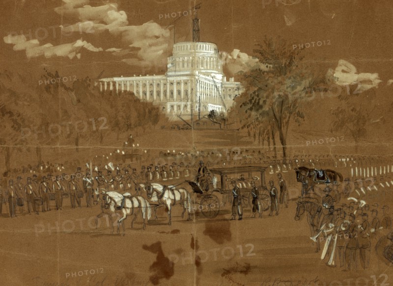 Funeral of Col. Vosburgh. The Hearse approaching the R.R. Depot, drawing, 1862-1865, by Alfred R Waud, 1828-1891, an american artist famous for his American Civil War sketches, America, US