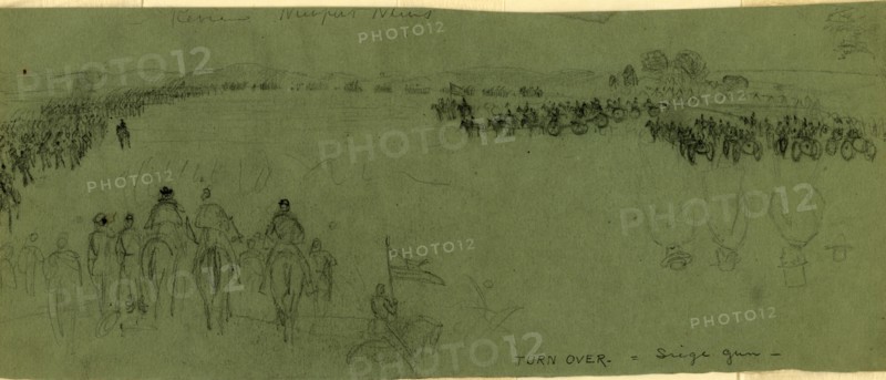 Review. Newport News, drawing, 1862-1865, by Alfred R Waud, 1828-1891, an american artist famous for his American Civil War sketches, America, US