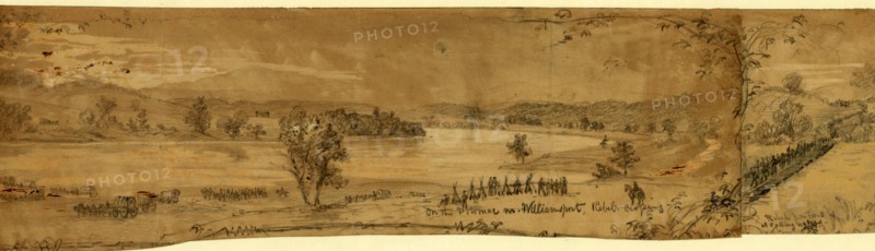 On the Potomac nr. Williamsport. Rebel crossing, Rebel Pontoons at Falling Waters, drawing, 1862-1865, by Alfred R Waud, 1828-1891, an american artist famous for his American Civil War sketches, America, US