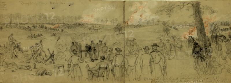 12th May Hancock and Wright fighting for the enemies rifle pits sketched from Lundmans house, drawing, 1862-1865, by Alfred R Waud, 1828-1891, an american artist famous for his American Civil War sketches, America, US