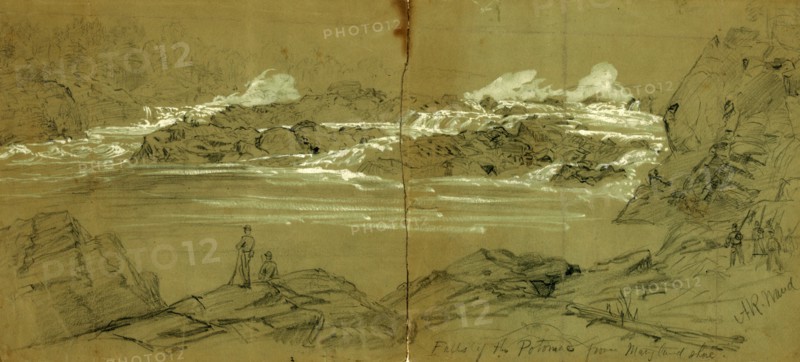 Falls of the Potomac from Maryland Shore, drawing, 1862-1865, by Alfred R Waud, 1828-1891, an american artist famous for his American Civil War sketches, America, US