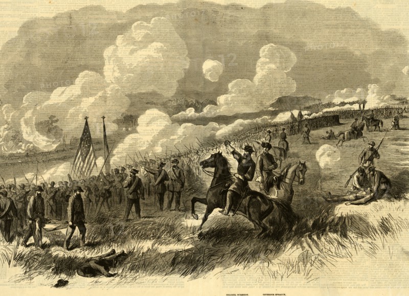 Colonel Burnsides brigade at Bull Run, First and Second Rhode Island, and Seventy-First New York Regiments, with their Artillery, Attacking the Rebel Batteries at Bull Run. Sketched on the spot by A. Waud, drawing, 1862-1865, by Alfred R Waud, 1828-1891, an american artist famous for his American Civil War sketches, America, US