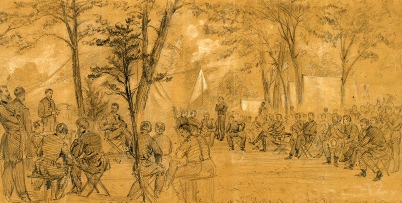 Sunday at McClellans headquarters, Religious Services, drawing, 1862-1865, by Alfred R Waud, 1828-1891, an american artist famous for his American Civil War sketches, America, US