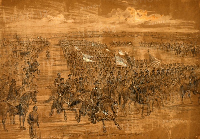 Review by the President of the Cavalry of the Army of the Potomac, drawing, 1862-1865, by Alfred R Waud, 1828-1891, an american artist famous for his American Civil War sketches, America, US