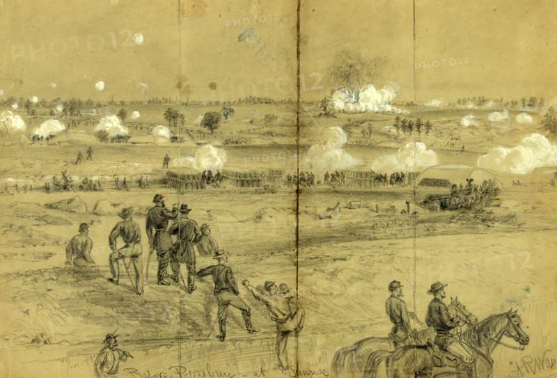 Before Petersburg at sunrise, July 30th 1864, drawing, 1862-1865, by Alfred R Waud, 1828-1891, an american artist famous for his American Civil War sketches, America, US