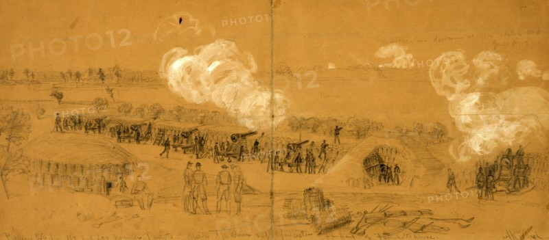 Battery No. 1., 100 and 200 pounder Parrots opposite Yorktown and Gloucester in front of Farenholts house, drawing, 1862-1865, by Alfred R Waud, 1828-1891, an american artist famous for his American Civil War sketches, America, US