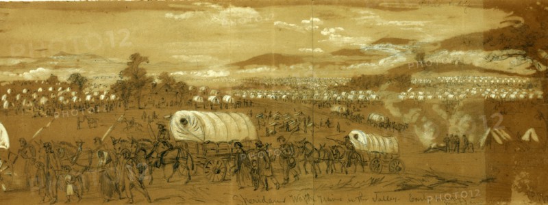 Sheridans Wagon Trains in the Valley. Early morning mist and smoke, drawing, 1862-1865, by Alfred R Waud, 1828-1891, an american artist famous for his American Civil War sketches, America, US