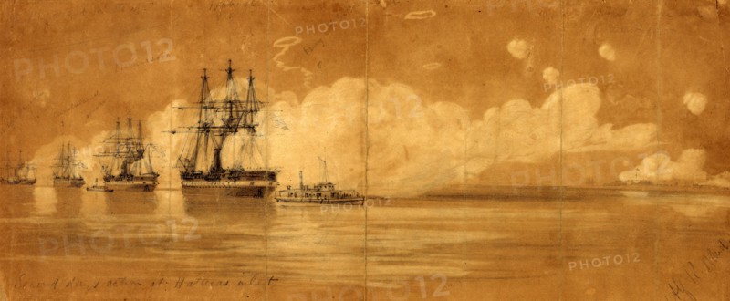 Second days action at Hatteras inlet, drawing, 1862-1865, by Alfred R Waud, 1828-1891, an american artist famous for his American Civil War sketches, America, US