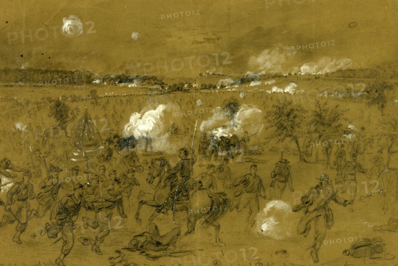 Defeat of the Army of Genl. Pope at Manassas on the Old Bull run battleground, drawing, 1862-1865, by Alfred R Waud, 1828-1891, an american artist famous for his American Civil War sketches, America, US