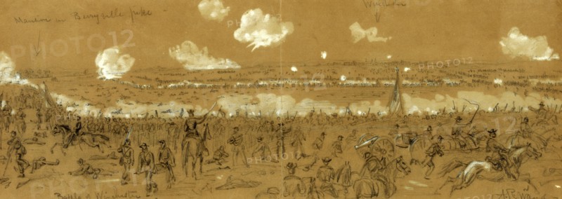 Battle of Winchester, drawing, 1862-1865, by Alfred R Waud, 1828-1891, an american artist famous for his American Civil War sketches, America, US