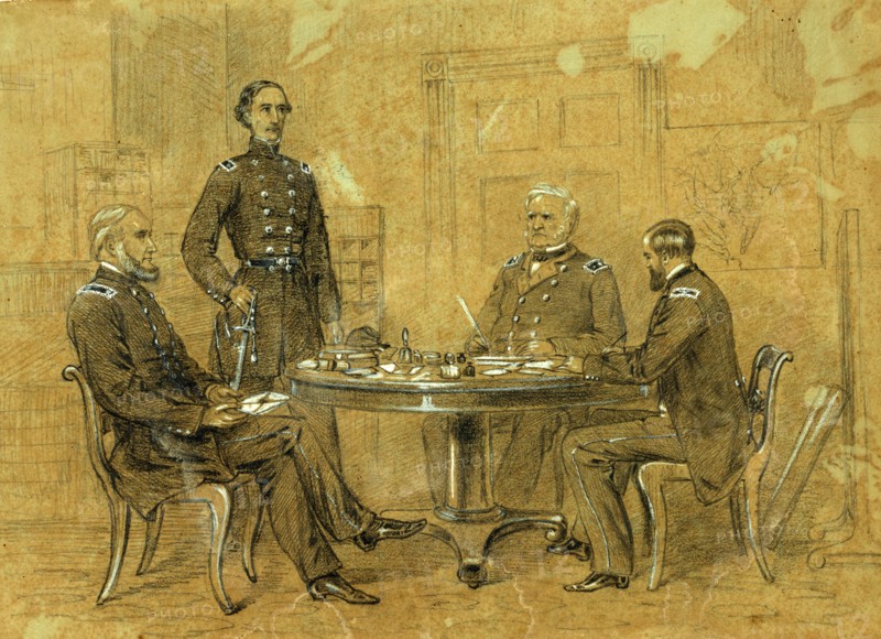 General Scott giving orders to his aides for the advance of the Grand Army, drawing, 1862-1865, by Alfred R Waud, 1828-1891, an american artist famous for his American Civil War sketches, America, US