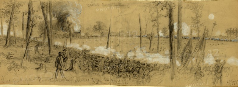 Grant's Great Campaign, Last fight of the Pennsylvania Reserves, drawing, 1862-1865, by Alfred R Waud, 1828-1891, an american artist famous for his American Civil War sketches, America, US