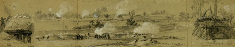 A gopher hole. Commanding position held by the Rebels in front of Genl. Warren. Officers quarters on the front, drawing, 1862-1865, by Alfred R Waud, 1828-1891, an american artist famous for his American Civil War sketches, America, US