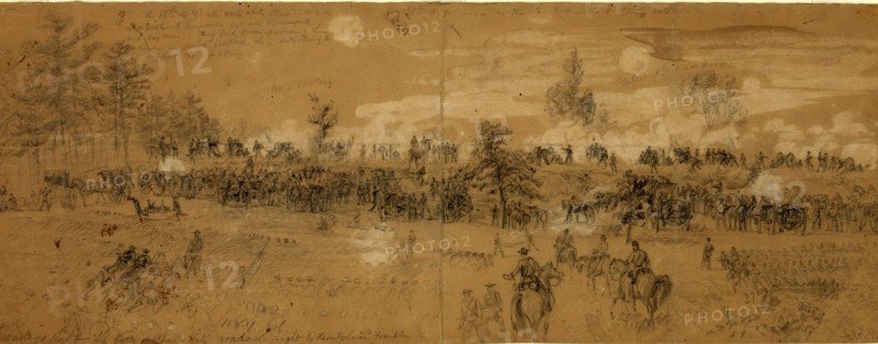 Monday's fight. The battle of Charles City road. Fought by Heintzelman and Franklin, drawing, 1862-1865, by Alfred R Waud, 1828-1891, an american artist famous for his American Civil War sketches, America, US