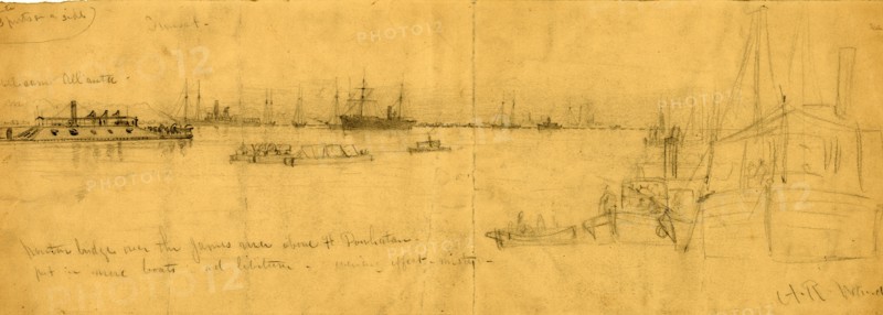 Pontoon bridge over the James River above Ft. Powhatan, drawing, 1862-1865, by Alfred R Waud, 1828-1891, an american artist famous for his American Civil War sketches, America, US