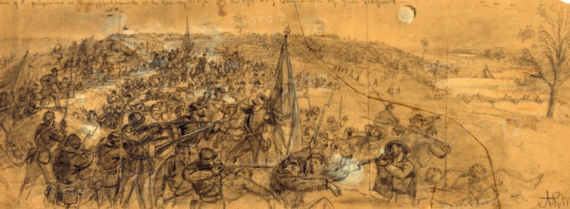 Capture of the fortifications on the Rappahannock at the Railway Bridge, by the right wing commanded by Genl. Sedgwick, drawing, 1862-1865, by Alfred R Waud, 1828-1891, an american artist famous for his American Civil War sketches, America, US