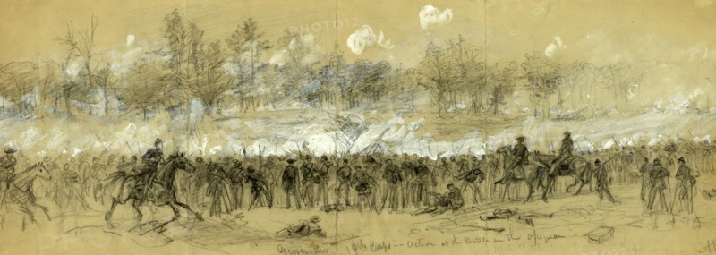 Grovers div. 19th Corps in action at the Battle in the Opequon, drawing, 1862-1865, by Alfred R Waud, 1828-1891, an american artist famous for his American Civil War sketches, America, US