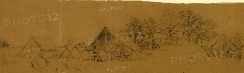 Soldiers in their tents in army camp, drawing, 1862-1865, by Alfred R Waud, 1828-1891, an american artist famous for his American Civil War sketches, America, US