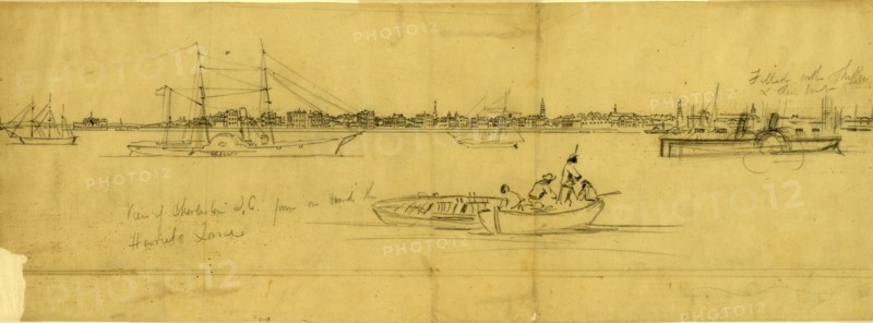 View of Charleston S.C. from on board the Harriet Lane, drawing, 1862-1865, by Alfred R Waud, 1828-1891, an american artist famous for his American Civil War sketches, America, US
