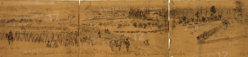 Camp at Cumberland with a view of the Pamunkey River full of gunboats and transports, drawing, 1862-1865, by Alfred R Waud, 1828-1891, an american artist famous for his American Civil War sketches, America, US