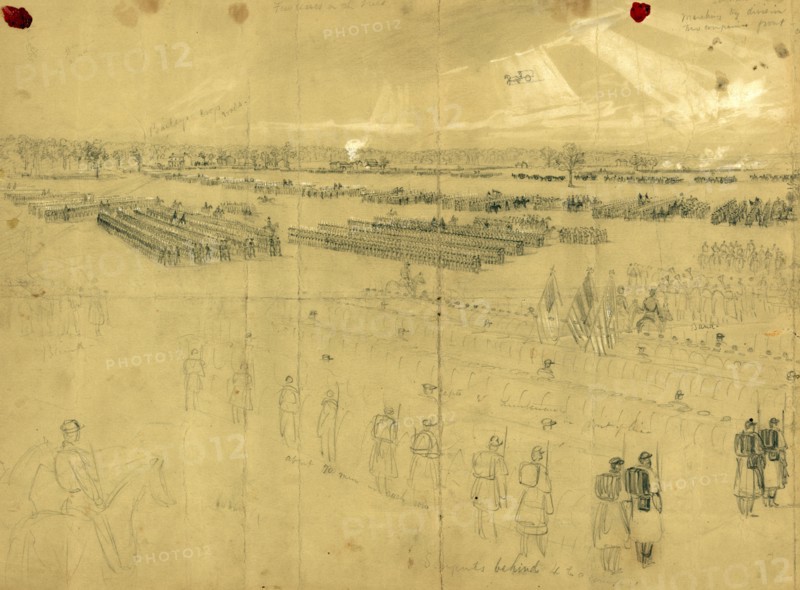 McClellan reviewing his troops near Baileys Cross Roads, drawing, 1862-1865, by Alfred R Waud, 1828-1891, an american artist famous for his American Civil War sketches, America, US