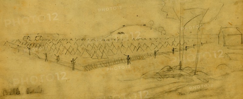 Belle Island , drawing, 1862-1865, by Alfred R Waud, 1828-1891, an american artist famous for his American Civil War sketches, America, US