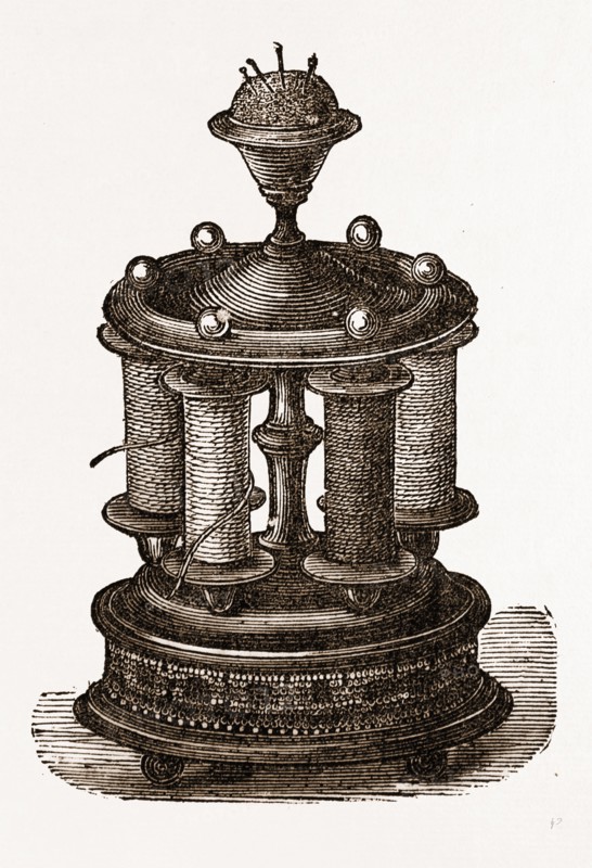 STAND FOR. REEL-WINDERS AND PINCUSHION, NEEDLEWORK, 19th CENTURY EMBROIDERY
