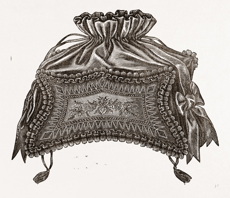 ORNAMENTAL WORK-BAG, NEEDLEWORK, 19th CENTURY EMBROIDERY