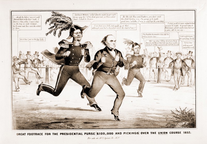 The great footrace for the presidential purse (100,000 and picking) over the Union Course 1852; N. Currier (Firm),; N.Y. : For sale, by Nathaniel Currier, at no. 2 Spruce St, 1852; 1 print on wove paper : lithograph. Satire on the presidential election of 1852, showing Winfield Scott, Daniel Webster, and Franklin Pierce competing in a footrace before a crowd of onlookers for a $100,000 prize.