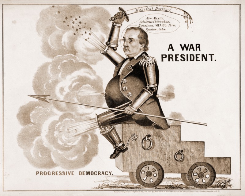 A war president. Progressive democracy; N. Currier (Firm),; [New York : N. Currier], c1848.; 1 print on wove paper : lithograph ; image 33.8 x 42.7 cm.; A caricature of Democratic candidate Lewis Cass, a general in the War of 1812, suggesting that his expansionist leanings would lead the United States into war. Cass (dubbed "General Gas" by the unfriendly press) is pictured as a veritable war machine. He sits on a wheeled gun-carriage, with his various limbs and body parts in the form of cannon shells and barrels shooting "gas" and shot. Over his head he waves a bloody saber labeled "Manifest Destiny," while reciting, "New Mexico, California, Chihuahua, Zacatecas, MEXICO, Peru, Yucatan, Cuba." These reflect, with some exaggeration, Cass's ambitious agenda for territorial expansion in the wake of American victory in the Mexican War. In his left hand he holds a spear.