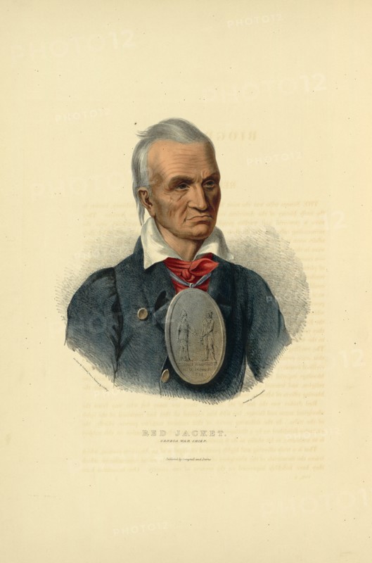 Red Jacket. Seneca war chief / on stone by Corbould from a painting by C.B. King ; printed by C. Hullmandel.; Campbell & Burns.; King, Charles Bird, 1785-1862 , artist, Hullmandel, Charles Joseph, 1789-1850 , printer, Biddle, Edward C., 1808-1893 , publisher, McKenney, Thomas Loraine, 1785-1859.; Hall, James, 1793-1868.; [Philadelphia] : Published by Campbell and Burns, [ca. 1838]; 1 print : lithograph, hand-colored ; 51 x 35.6 cm (sheet); Print shows Red Jacket, head-and-shoulders portrait, facing slightly right, wearing coat and large medallion that shows Red Jacket meeting George Washington in 1792.