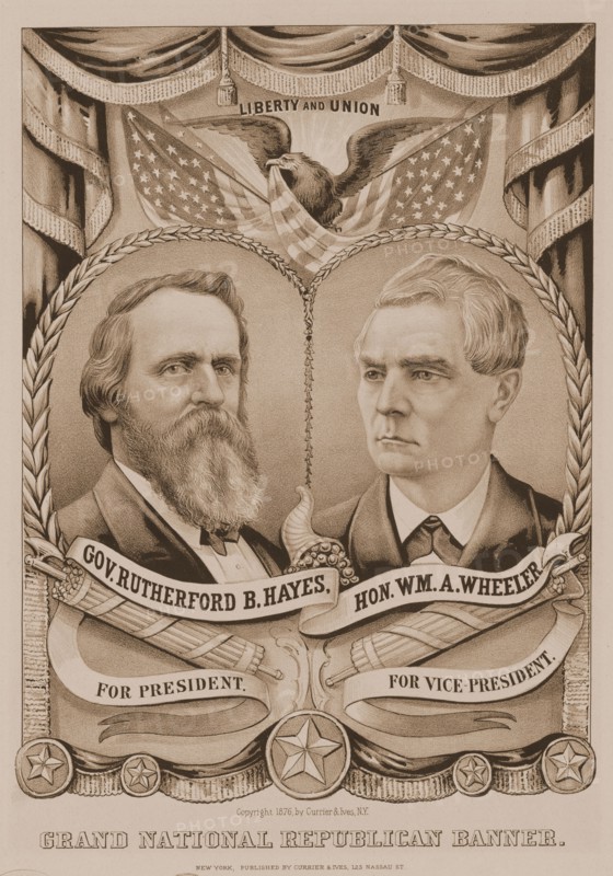 Grand National Republican banner; Currier & Ives.,; New York : Published by Currier & Ives, c1876.; 1 print on wove paper : lithograph ; image 33.6 x 22.5 cm.; Print shows a campaign banner for the 1876 Republican presidential ticket. Bust portraits of Ohio governor Rutherford B. Hayes and William A. Wheeler are framed with laurel wreaths. Above them hang swags of drapery with tassels. A bald eagle rests on the top of the portraits, flanked by four American flags, and holds part of one of the flags in his beak. Above him the words "Liberty and Union" appear in an aureole of light. Between the portraits is a cornucopia, and below each of them a bundle of fasces. A similar banner was produced by Currier & Ives for the Democratic ticket the same year. (See "Grand National Democratic Banner," no. 1876-3.)