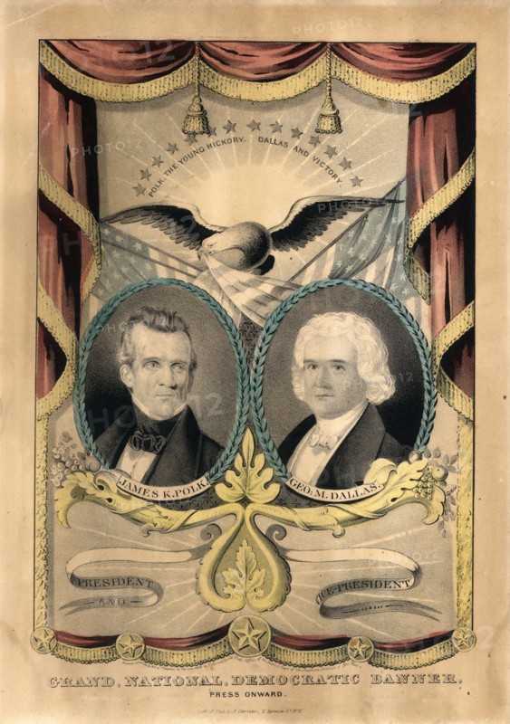 Grand National Democratic banner. Press onward; N. Currier (Firm),; [New York] : Lith & pub. by N[athaniel] Currier, 2 Spruce St. N.Y., c1844.; 1 print on wove paper : lithograph with watercolor ; image 32.1 x 21.4 cm.; One of several campaign banners Nathaniel Currier is known to have produced for the Democrats in 1844. It features two laurel-wreathed, oval portraits of Democratic presidential and vice-presidential candidates James K. Polk (left) and George M. Dallas (right). The print imitates the hanging drapes and tassels of cloth banners, aspiring to a "trompe l'oeil" effect. In the center, above the portraits, appear an eagle and several American flags. Below the portraits are acanthus cornucopias similar to those in the "Grand National Whig Prize Banner Badge" (no. 1844-9). The campaign slogan "Polk, The Young Hickory. Dallas And Victory" appears in a rising sun above the eagle. Nathaniel Currier also produced a nearly identical banner for opposition candidates Clay and Frelingh...