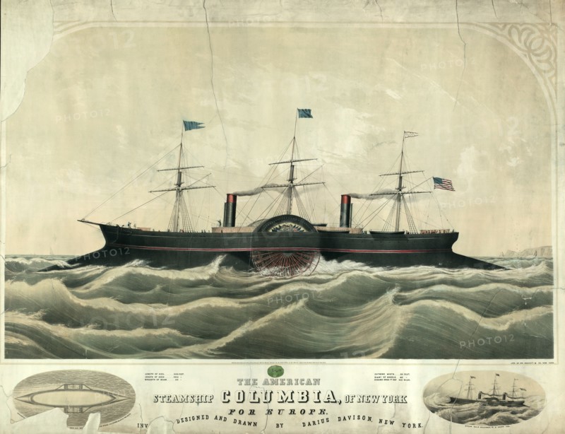 The American steamship Columbia, of New York for Europe; W. Endicott & Co., printmaker; New York : Wm. Endicott & Co., c1852.; 1 print : lithograph, with tint stone, hand-colored ; 39 3/4 x 30 5/8 in.