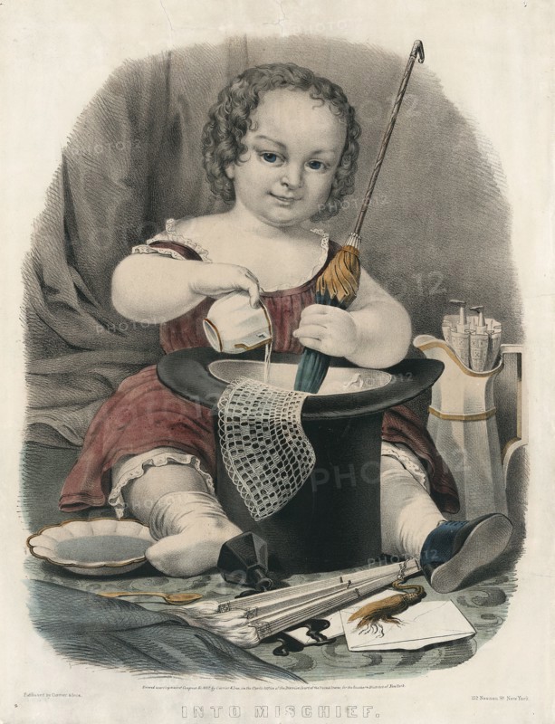 Into mischief; Currier & Ives.,; New York : Published by Currier & Ives, 152 Nassau St., c1857.; 1 print : lithograph, hand-colored.; Print shows a young girl pouring liquid into a top hat and using an umbrella to stir in a piece of lace; at her feet is an overturned bottle of ink.