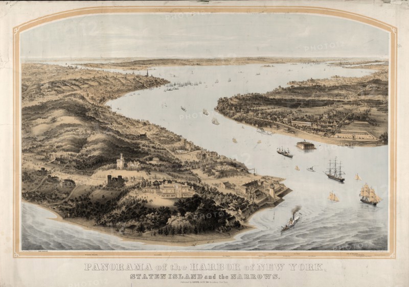 Panorama of the harbor of New York, Staten Island and the narrows; Nagel & WeingÃ¤rtner, printmaker; New York : Goupil & Co., 1854.; 1 print : lithograph, 2 color ; 40 7/8 x 29 1/2 in.